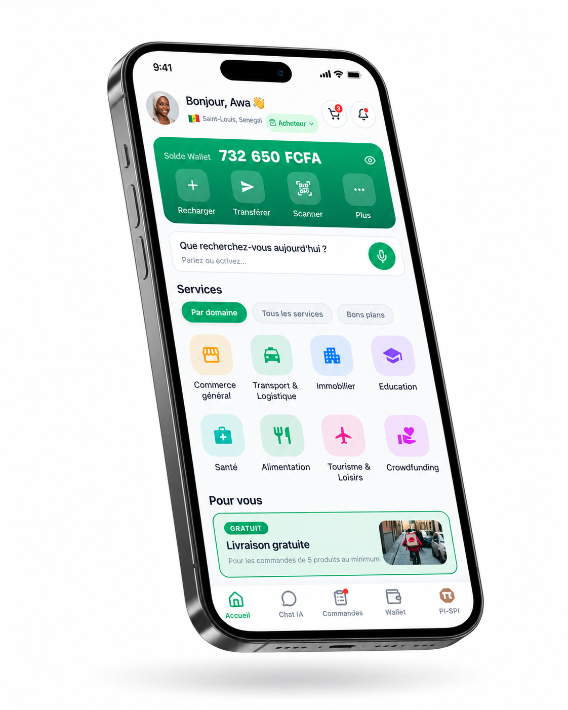 L'application i360 : accueil avec le wallet et les services